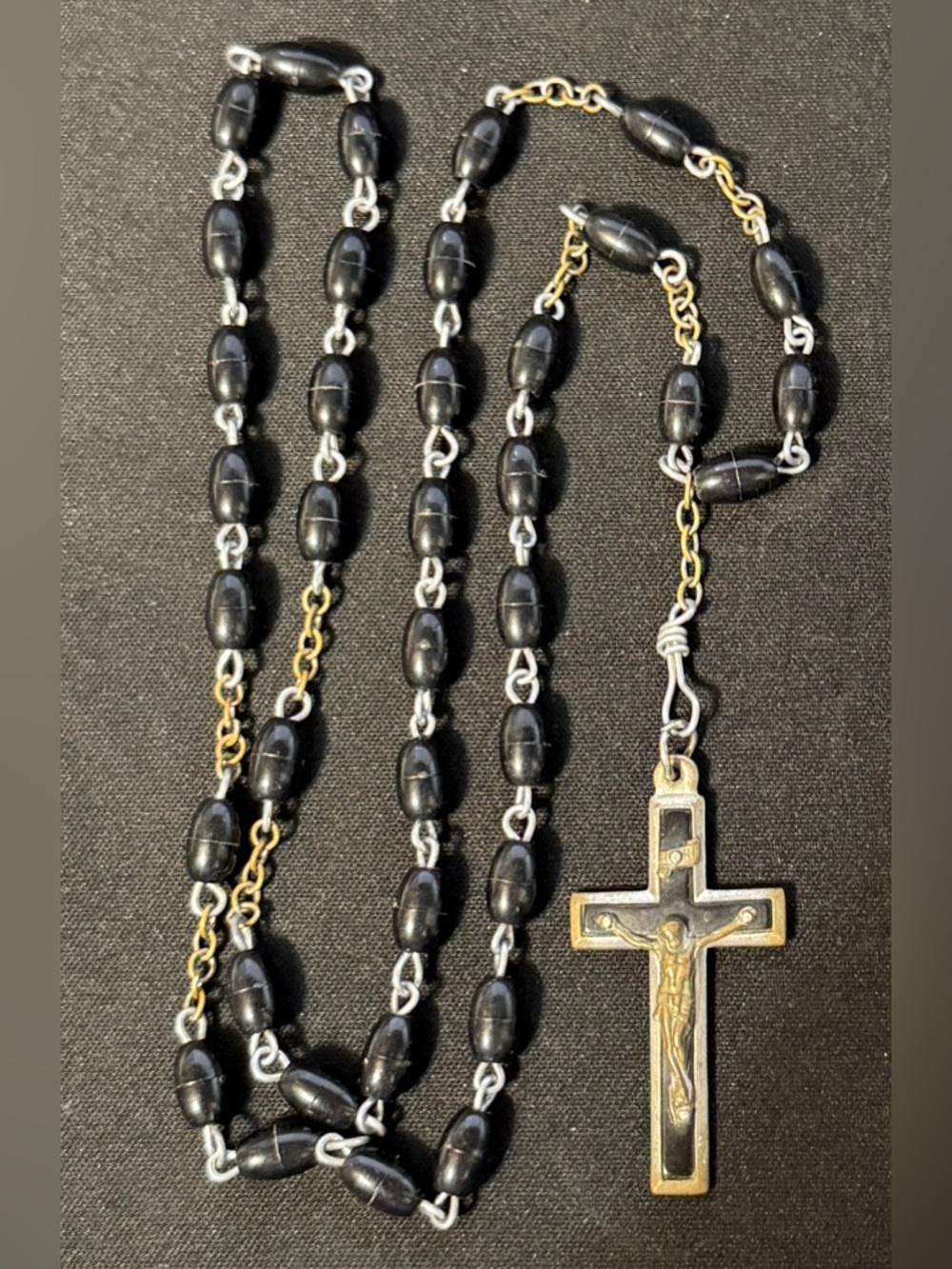 Black Bead Rosary Necklace with Gold-Tone Crucifix